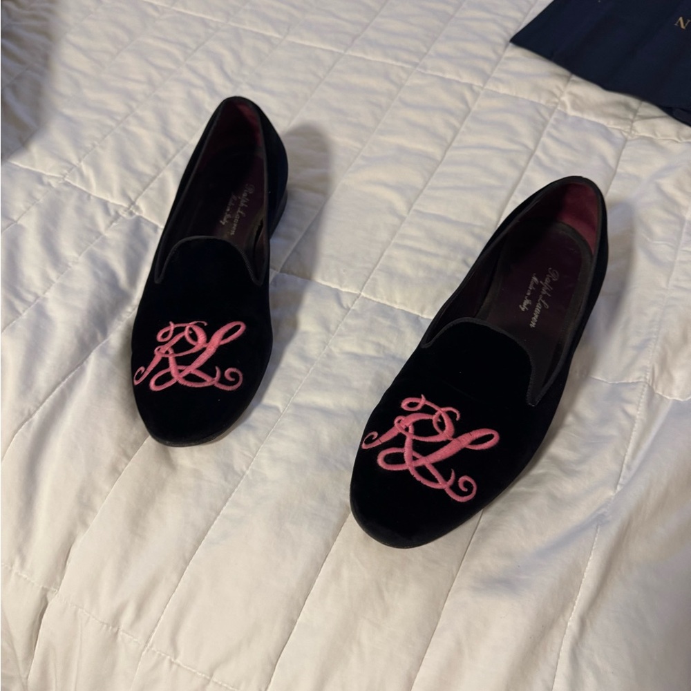 Polo Ralph Lauren Black Loafers with Pink Embroidery